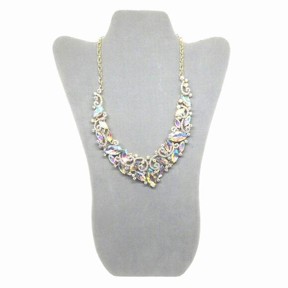 AB Crystal/Rhinestone Statement Necklace Gold Tone - Picture 1 of 4